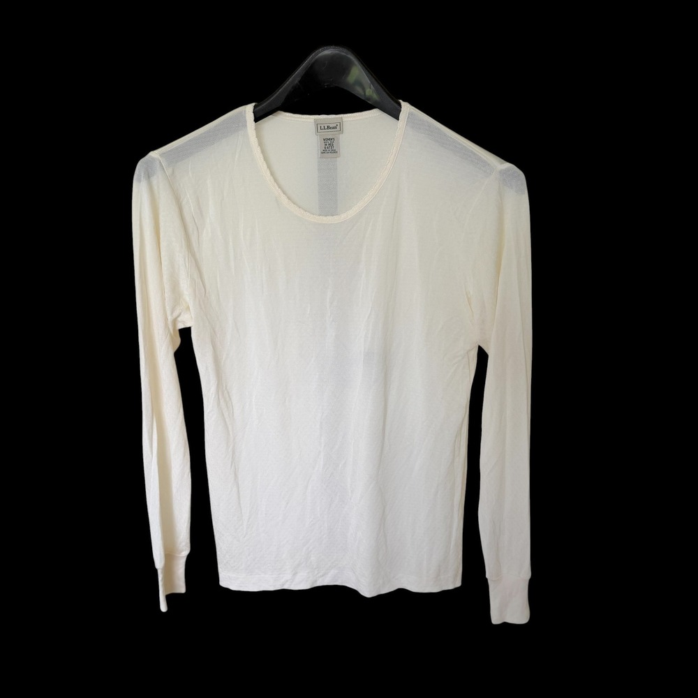LL Bean Womens Cream 100% Silk Pointelle Long Sleeve Base Layer Top M-REG